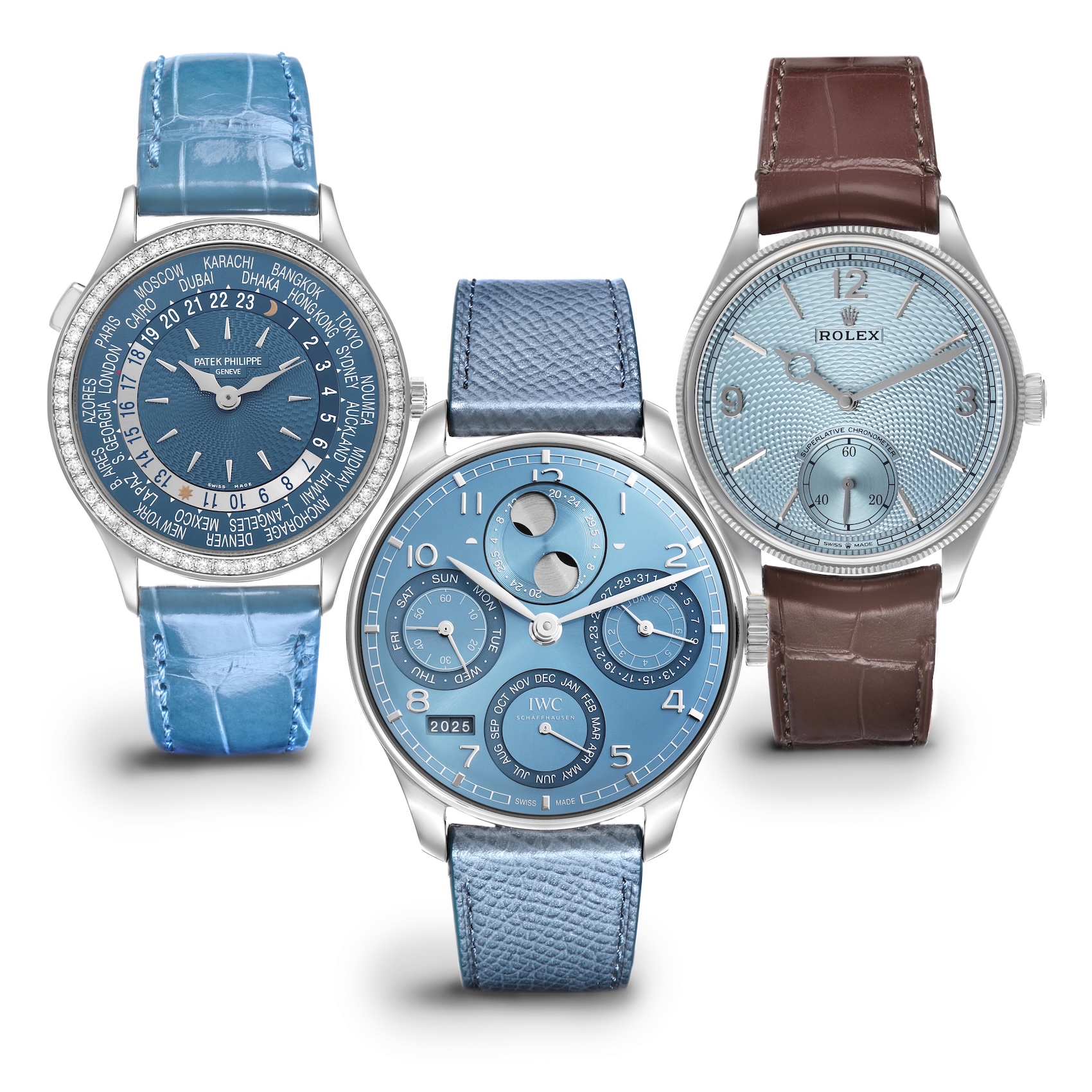 Side-by-side comparison of white gold and platinum ice blue dial watches from Patek Philippe, IWC, and Rolex.