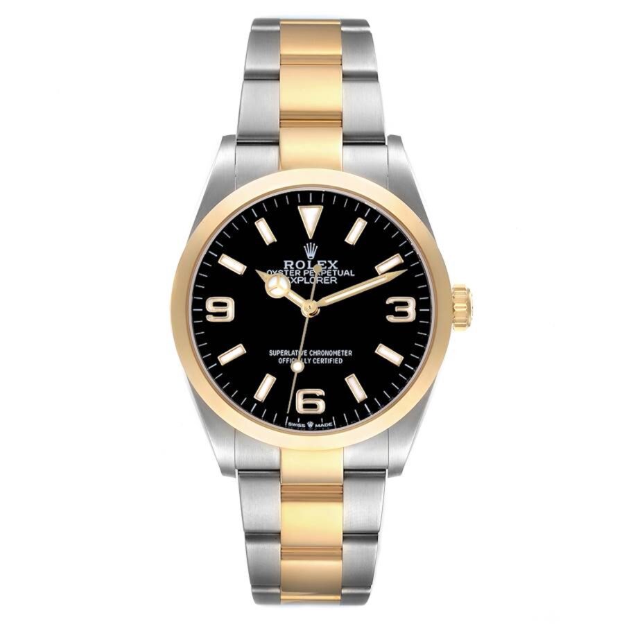Front view studio product shot of the two-tone Rolex Explorer 36mm reference 124273