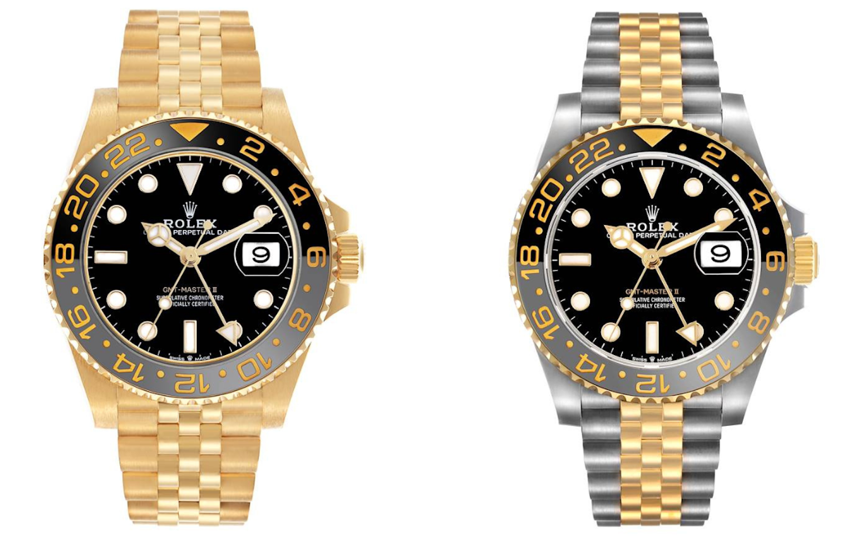 Side-by-side comparison of the solid 18k yellow gold Rolex 126718GRNR and two-tone Yellow Rolesor Rolex 126713GRNR Zombie GMT-Master II watches