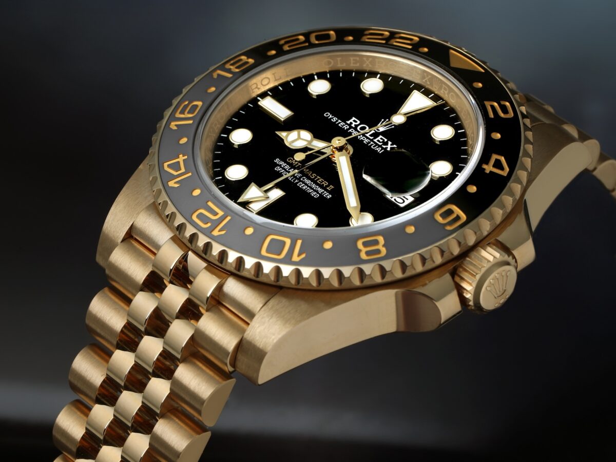 Solid 18k yellow gold Rolex GMT-Master II Zombie Ref 126718GRNR with black and grey Cerachrom bezel and Jubilee bracelet