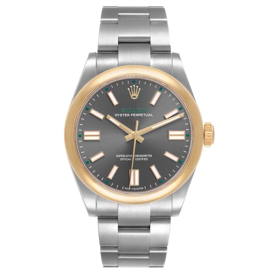 Front view studio shot of the Rolex Oyster Perpetual 41 reference 134303 with slate dial and green markers