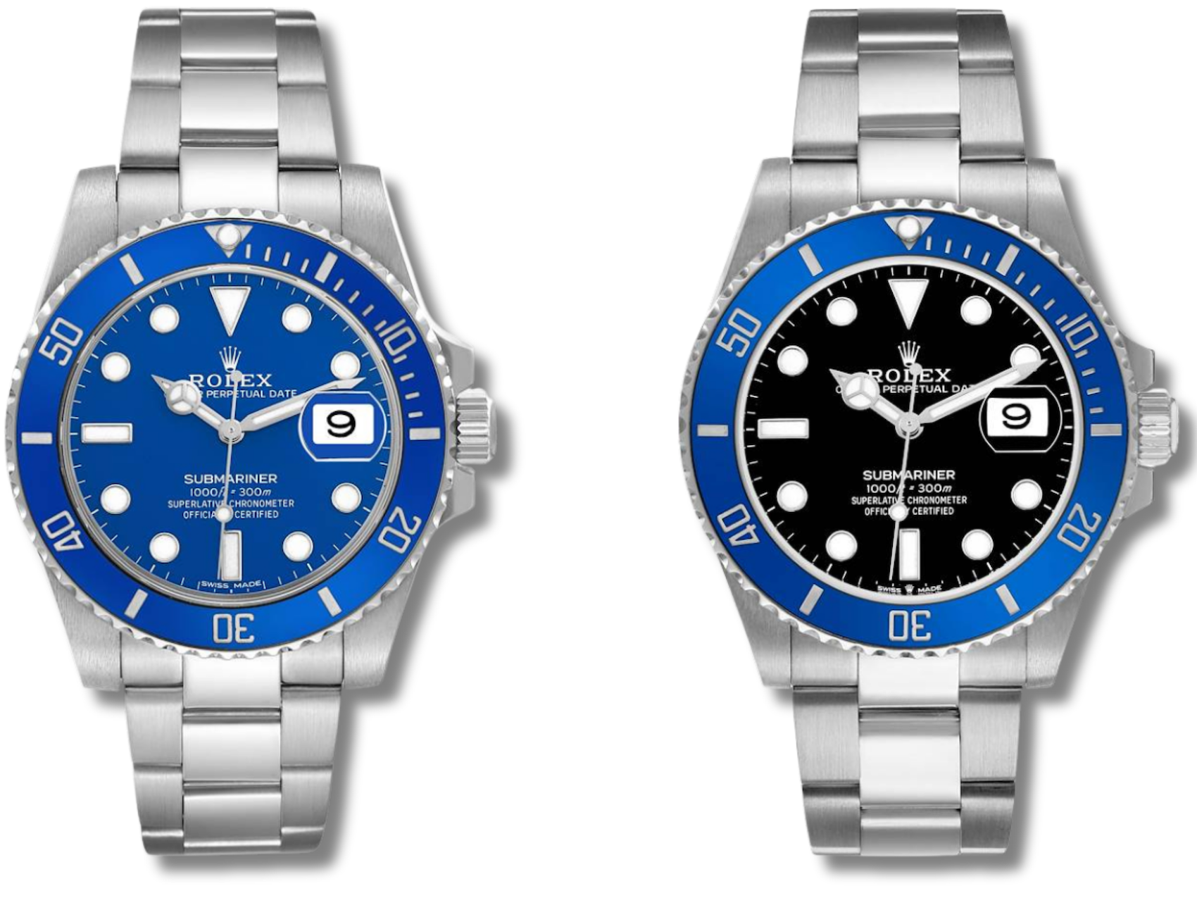 Side-by-side comparison of the 18k white gold Rolex Submariner Smurf 116619LB with a blue dial on the left, and the Rolex Submariner Cookie Monster 126619LB with a black dial on the right.