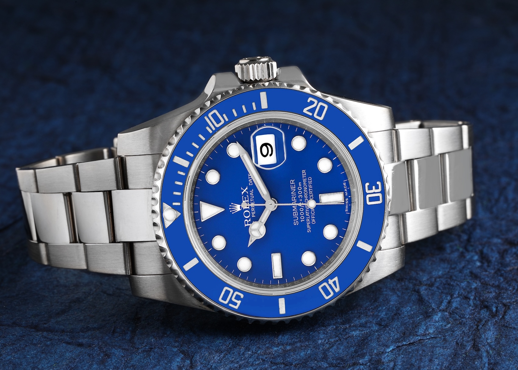 Rolex Submariner Smurf 116619LB featuring its signature all-blue lacquered dial and blue Cerachrom bezel.