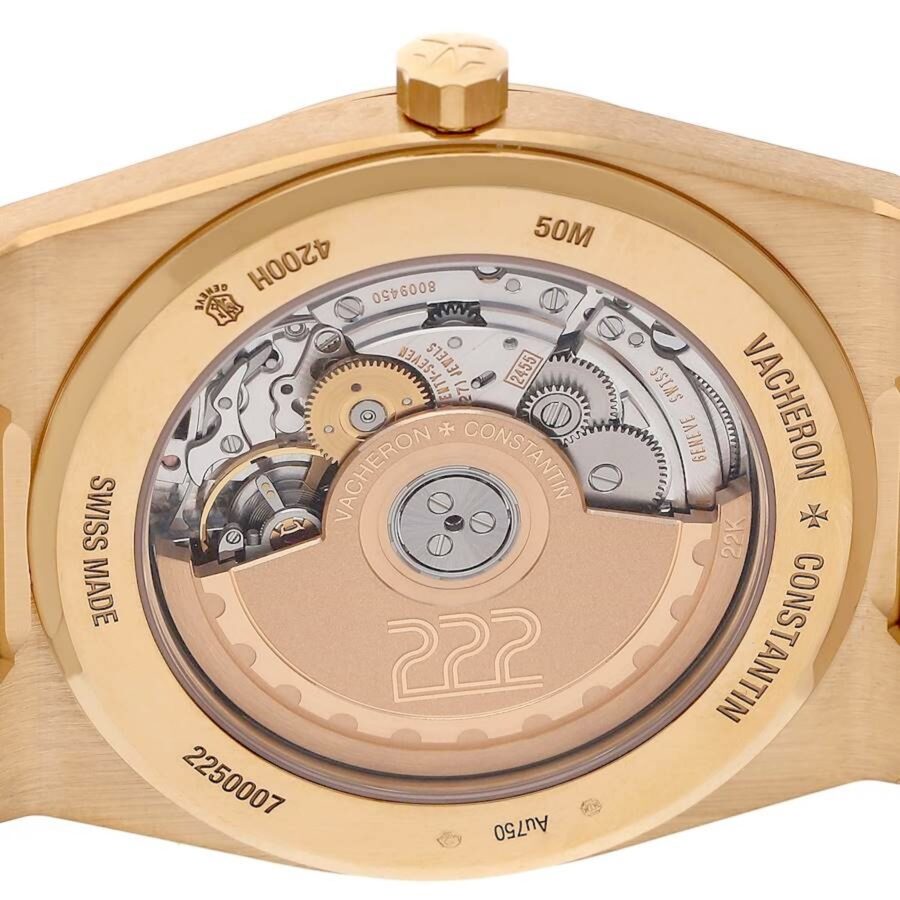 Sapphire crystal exhibition caseback of the Vacheron Constantin 222 revealing the Calibre 2455/2 movement and engraved 22K gold rotor.