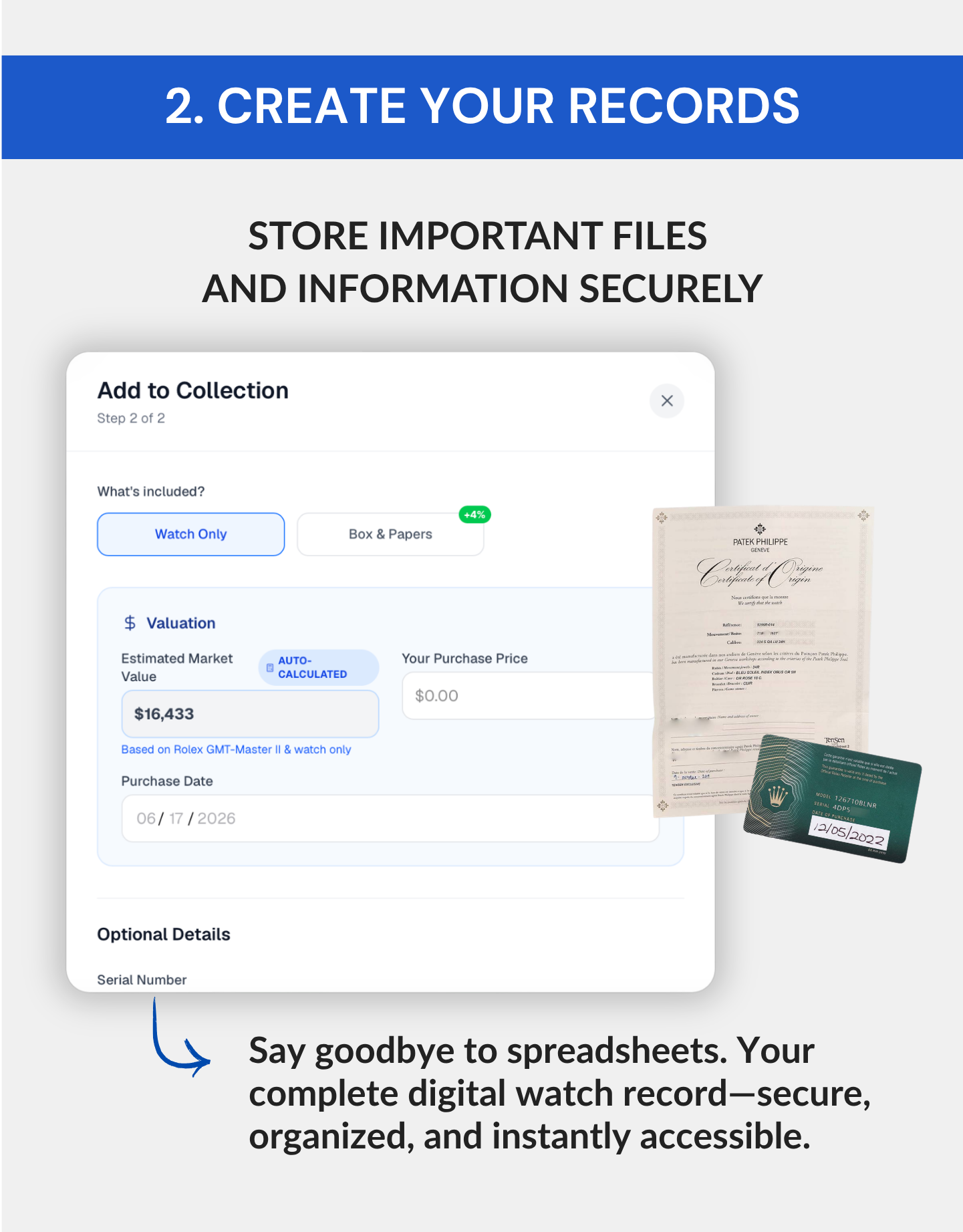 Step 2 graphic for My Collection showing how to store important files securely, featuring the app interface alongside a Certificate of Origin and a Rolex warranty card.