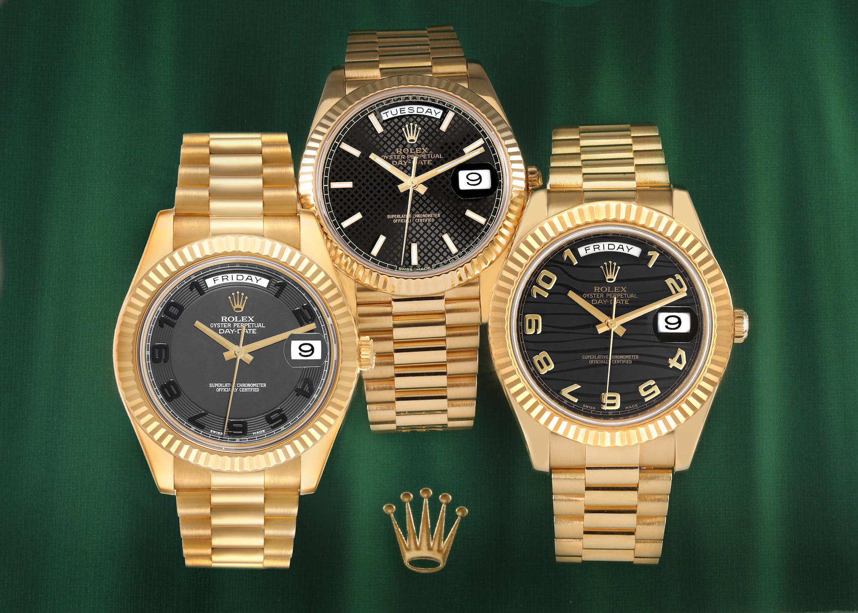 Three yellow gold Rolex Day-Date watches with black dials and President bracelets arranged on a green background above a gold Rolex crown logo.