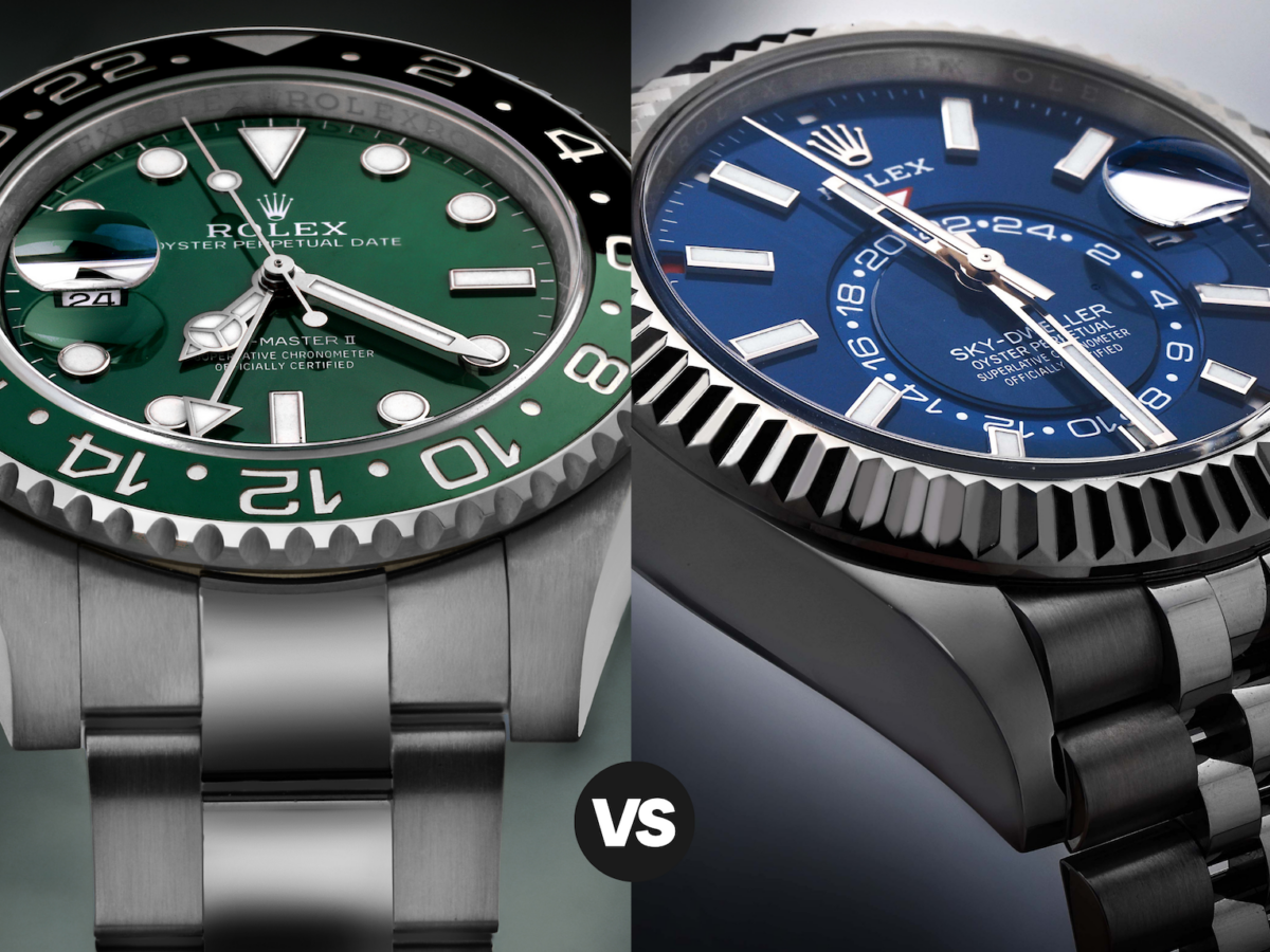 Side-by-side comparison of a Rolex GMT-Master II with a green and black bezel and a Rolex Sky-Dweller with a blue dial.