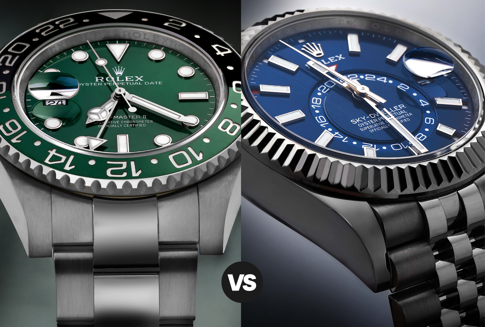 Side-by-side comparison of a Rolex GMT-Master II with a green and black bezel and a Rolex Sky-Dweller with a blue dial.
