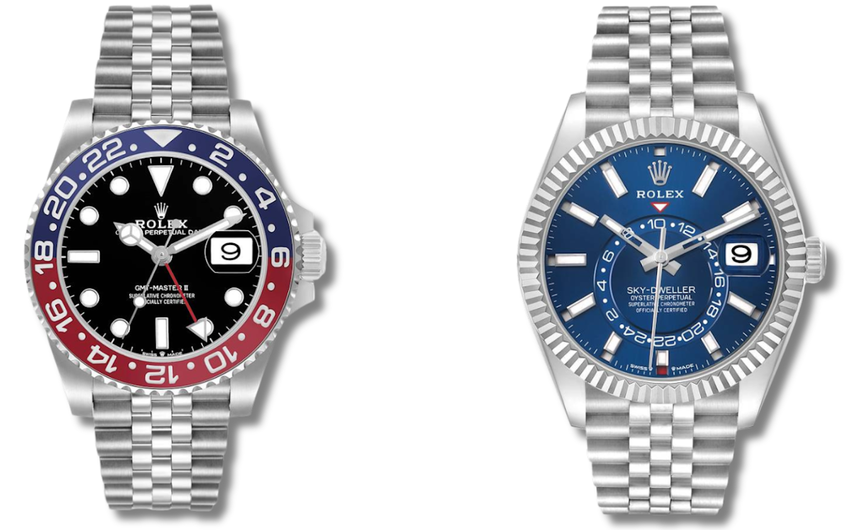 Side-by-side straight-on view of the 40mm Rolex GMT-Master II Pepsi and the 42mm Rolex Sky-Dweller with a blue dial, both on steel Jubilee bracelets.