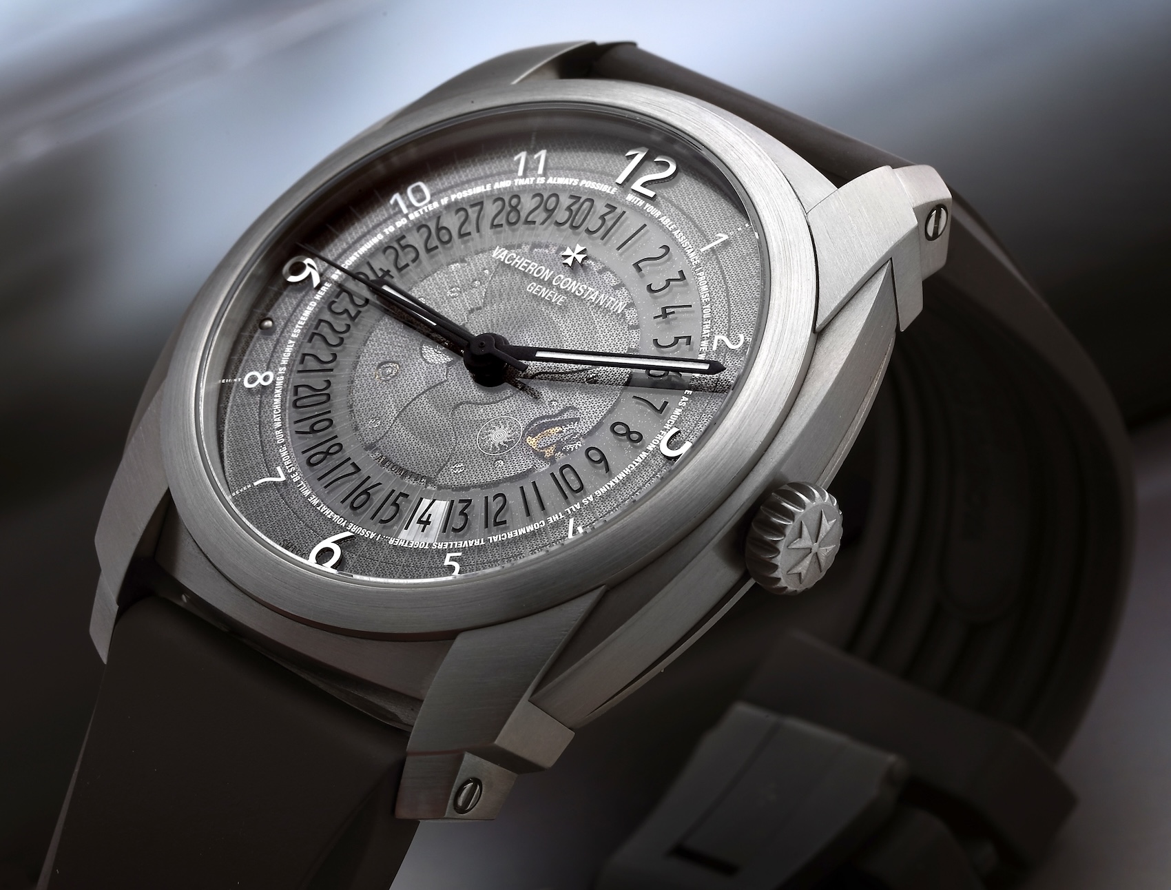 Vacheron Constantin Quai de l'Île Reference 86050 in titanium with a transparent sapphire dial displaying date numerals.