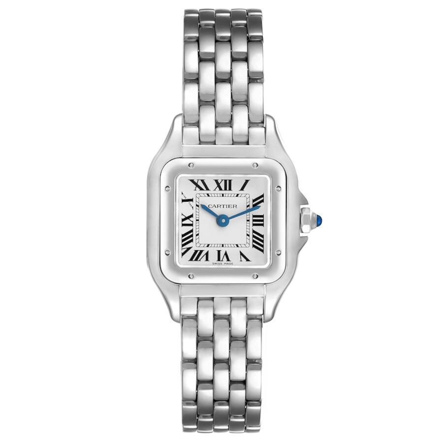 A small Panthère de Cartier watch in stainless steel, showcasing its signature square case and supple brick-link bracelet.