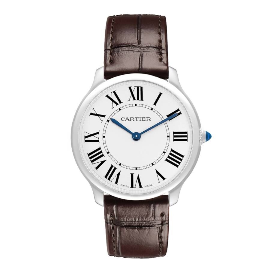A classic round Cartier Ronde Must watch in stainless steel with a silver dial, Roman numerals, and a brown leather strap.