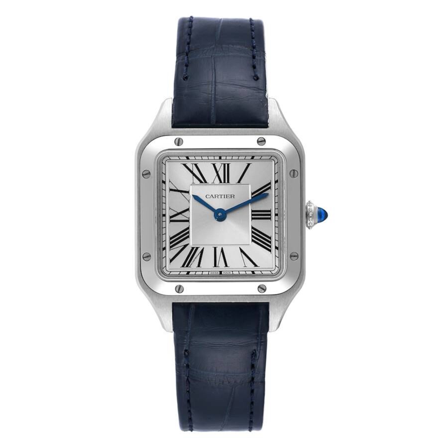 A stainless steel Cartier Santos-Dumont watch featuring a square case, exposed bezel screws, and a navy blue leather strap.