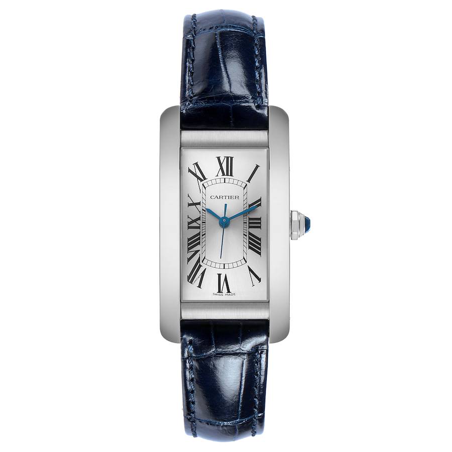 A stainless steel Cartier Tank Américaine watch featuring its signature elongated, curved rectangular case and a navy blue leather strap.