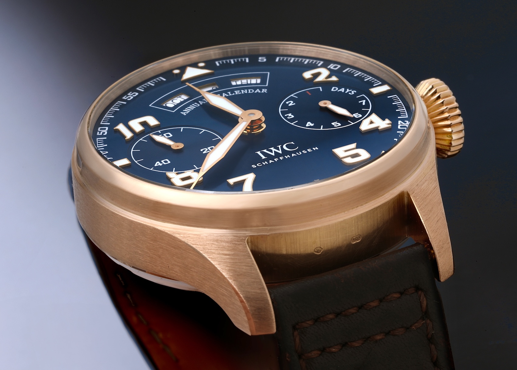 IWC Big Pilot Annual Calendar Le Petit Prince edition IW502701 in rose gold with a blue sunburst dial.