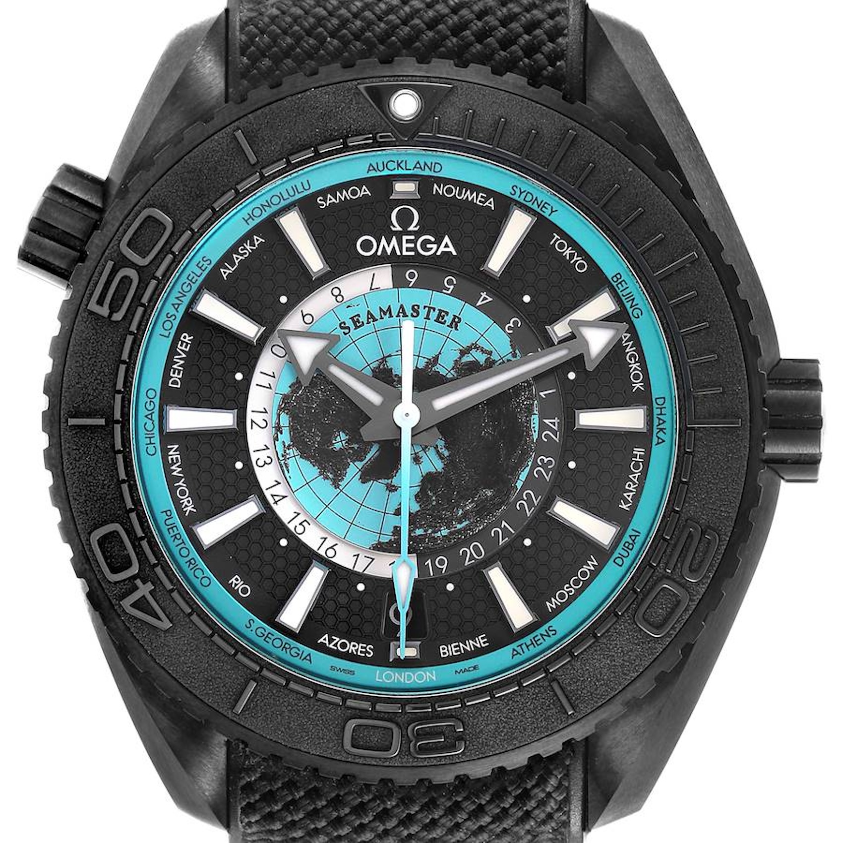 Straight-on close-up of the Omega Seamaster Planet Ocean 600M Worldtimer Ref. 215.92.46.22.01.006 dial showing the black DLC honeycomb pattern and turquoise 24-city worldtime ring.