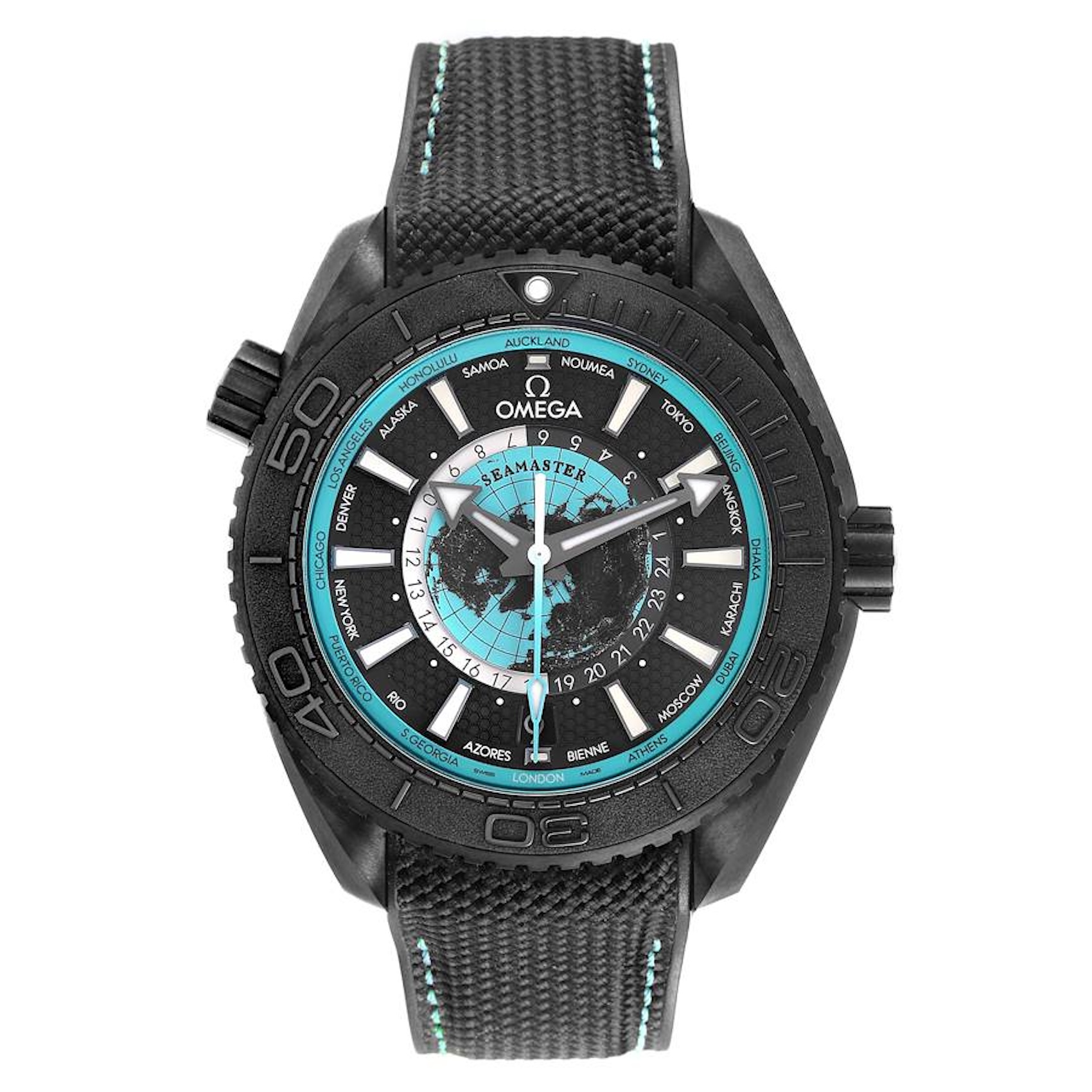 Full front view of the Omega Seamaster Planet Ocean 600M Worldtimer Ref. 215.92.46.22.01.006 in black ceramic with turquoise dial accents and turquoise-stitched rubber strap.