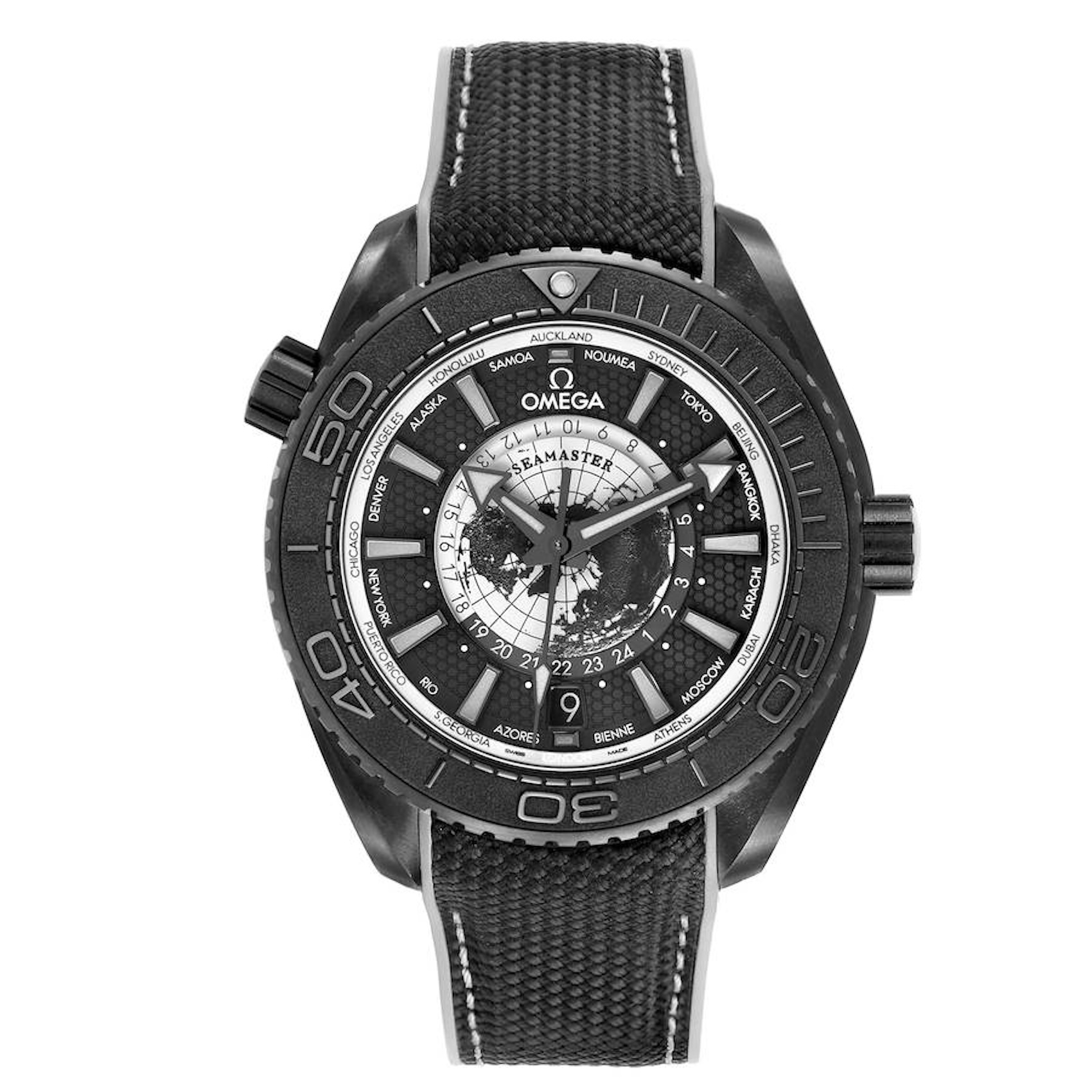 Full front view of the Omega Seamaster Planet Ocean 600M Worldtimer Ref. 215.92.46.22.01.007 in black ceramic with stealth grey dial accents and grey-edged rubber strap.