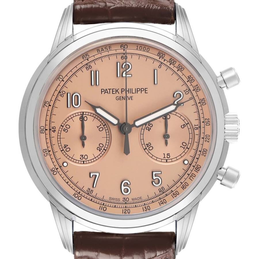 Patek Philippe Complications Chronograph 5172G-010 in 18k white gold featuring a salmon rose-gilt opaline dial, charcoal gray gold Arabic numerals, and brown alligator strap.