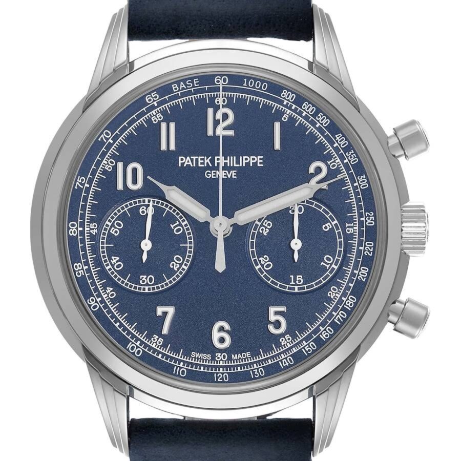 Front view of the Patek Philippe Complications Chronograph 5172G-001 men's watch with a dark blue dial, white gold Arabic numerals, twin sub-dials, and a tachymeter scale.