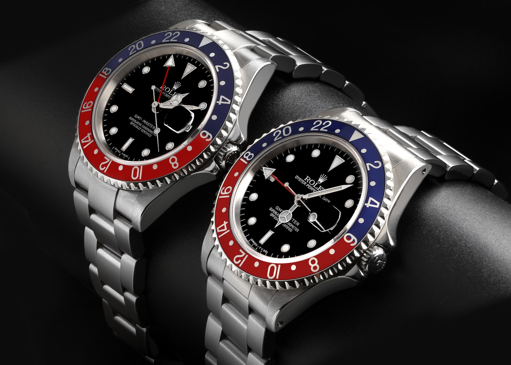 Two vintage Rolex GMT-Master II reference 16710 watches featuring red and blue anodized aluminum Pepsi bezels.
