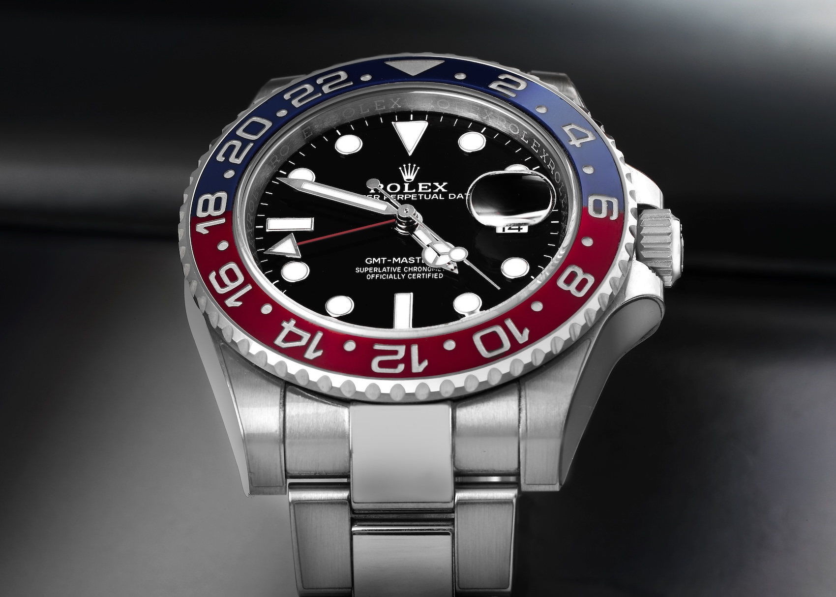 Modern Rolex GMT-Master II Pepsi reference 126710BLRO with a red and blue Cerachrom ceramic bezel on a stainless steel Oyster bracelet.
