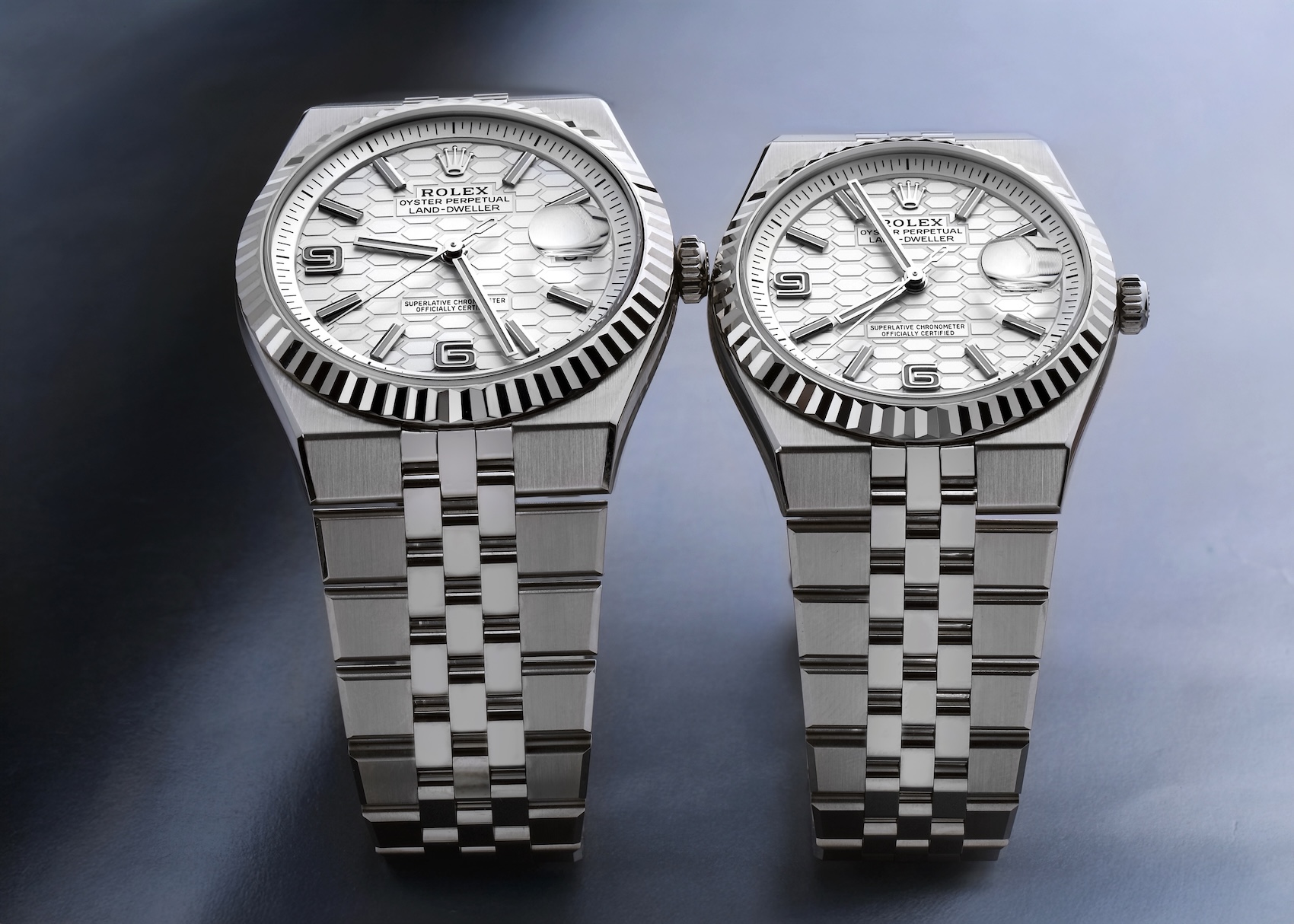 Rolex Land-Dweller 40mm Ref. 127334 and 36mm Ref. 127234 in White Rolesor with white honeycomb dials and integrated Flat Jubilee bracelets.